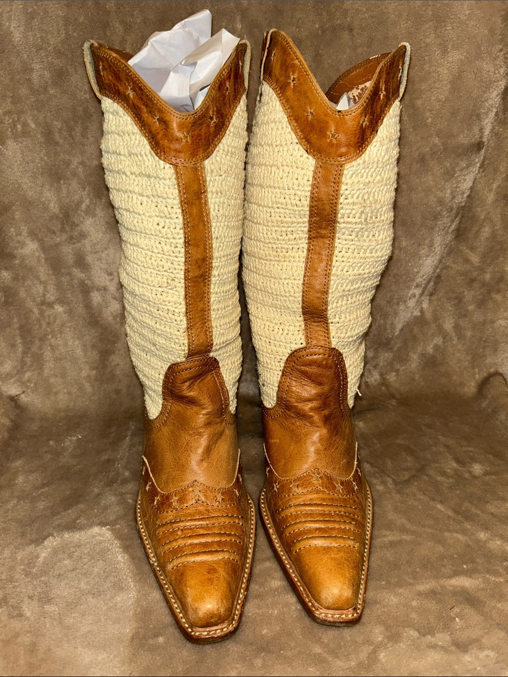 AWOL Tan Leather Cream Crochet Snip Toe Boho Western Coastal Cowgirl Boots 8.5 - Picture 2 of 16